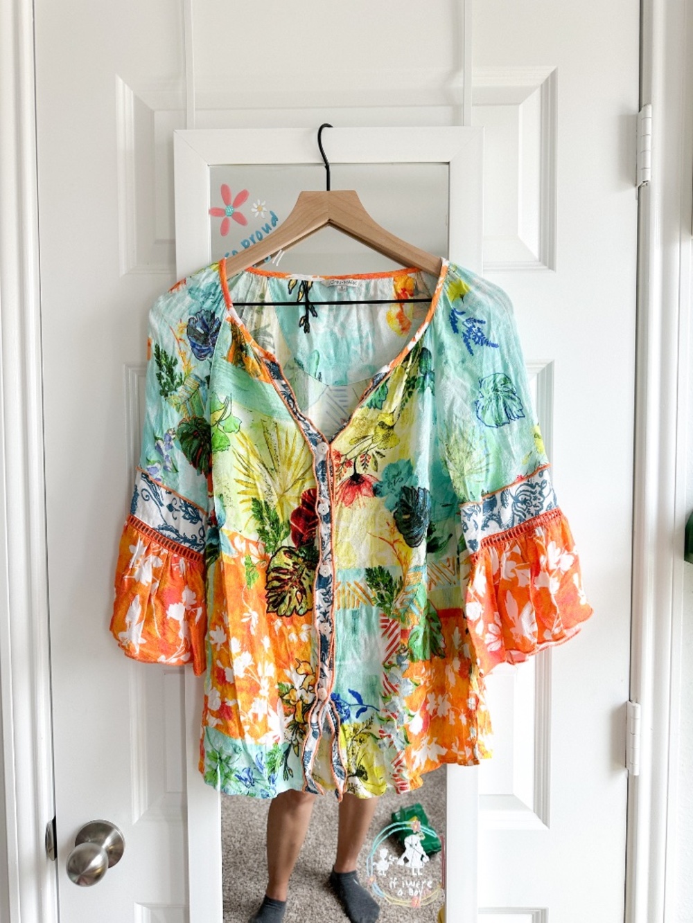 John Mark Tropical Mixed Print Tunic Top Blouse size Small